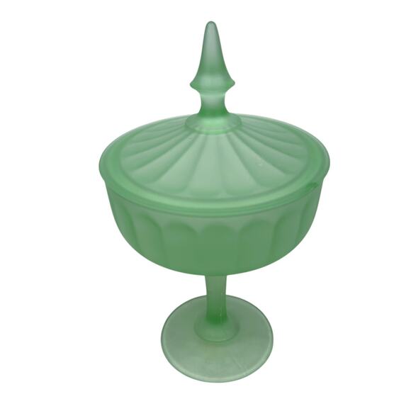 Beaumont Satin Frosted Glass Compote Pedestal Lidded Candy Dish 8.75" Green - Picture 2 of 10